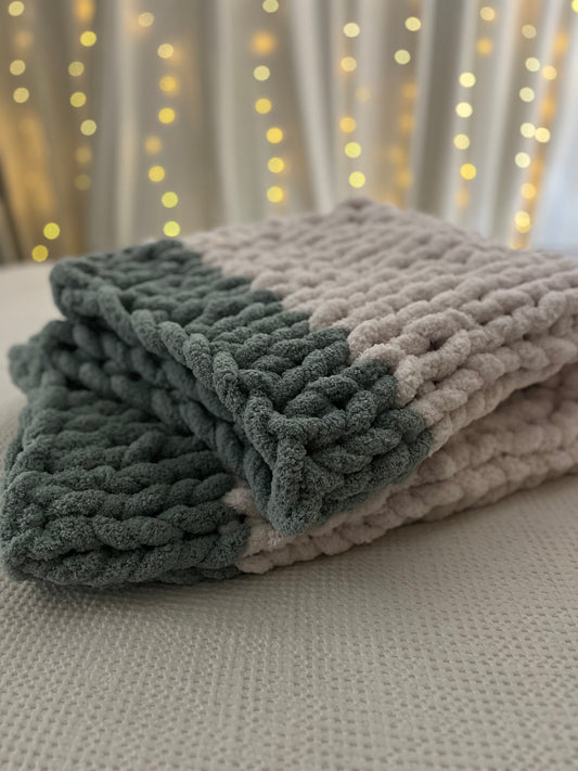 White and Teal Oversized Chunky Knit Throw