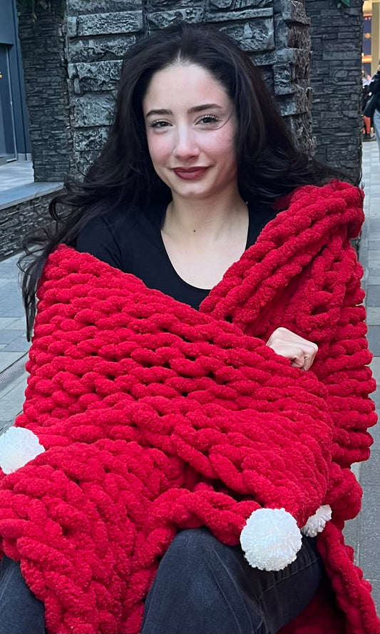 Holiday Red Chunky Knit Throw With White Pom Poms